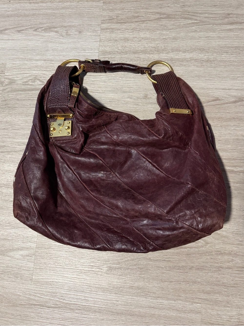Juicy Couture Y2K Vintage Large Burgundy Leather Hobo Bag with Gold Hardware